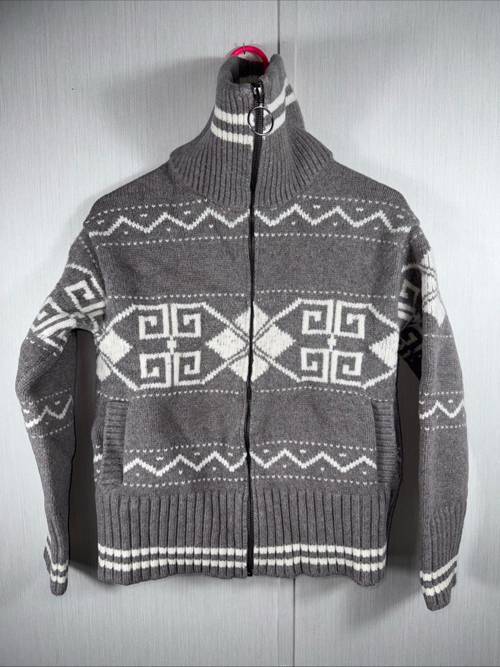 Reformation XS Mariposa Fairaisle100% Regenerative Wool Funnel Neck Sweater Gray